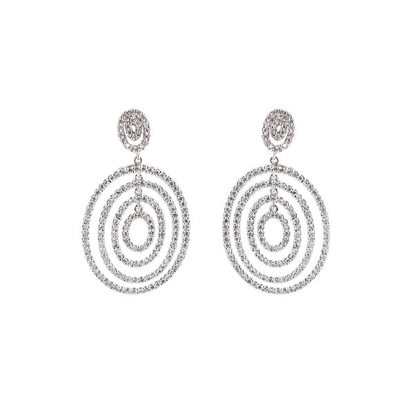 18K White Gold Concentric Oval Diamond Dangle Earrings