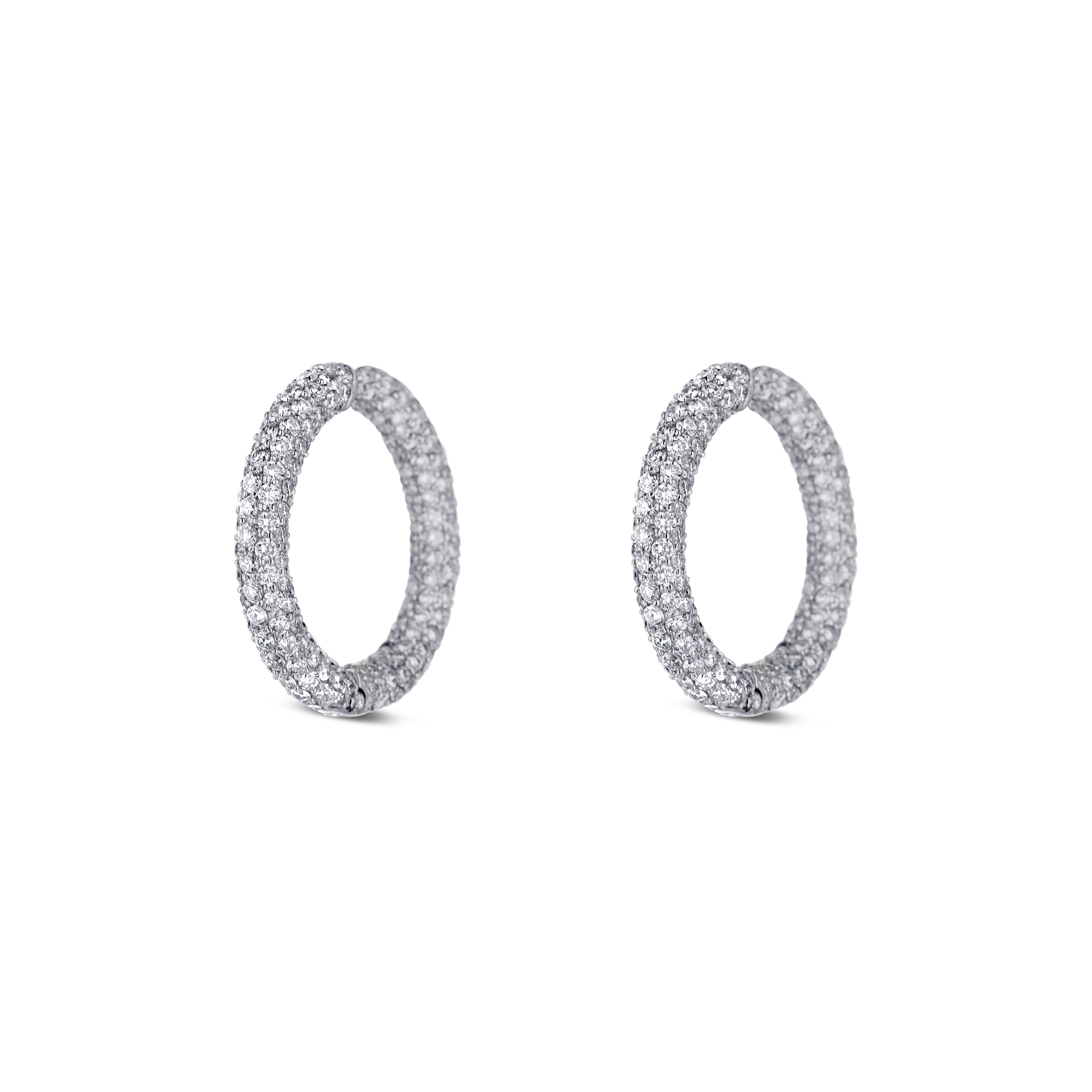 18K White Gold Round Tube Complete Pave Diamond Hoops