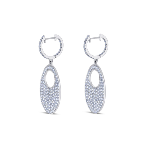 18K White Gold Oval Diamond Dangle Disc Earrings