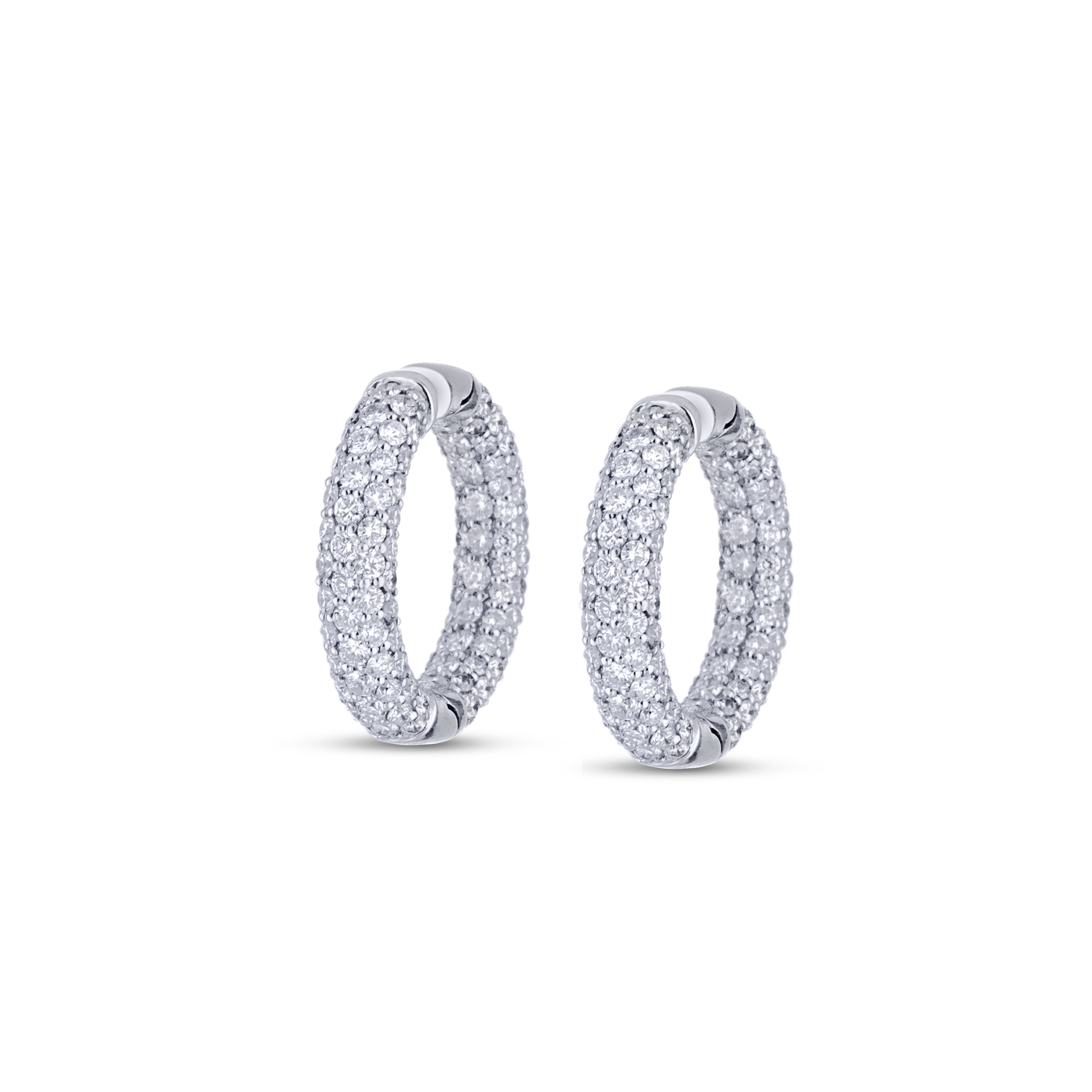 18K White Gold Round Tube Completely Pave Diamond Hoops