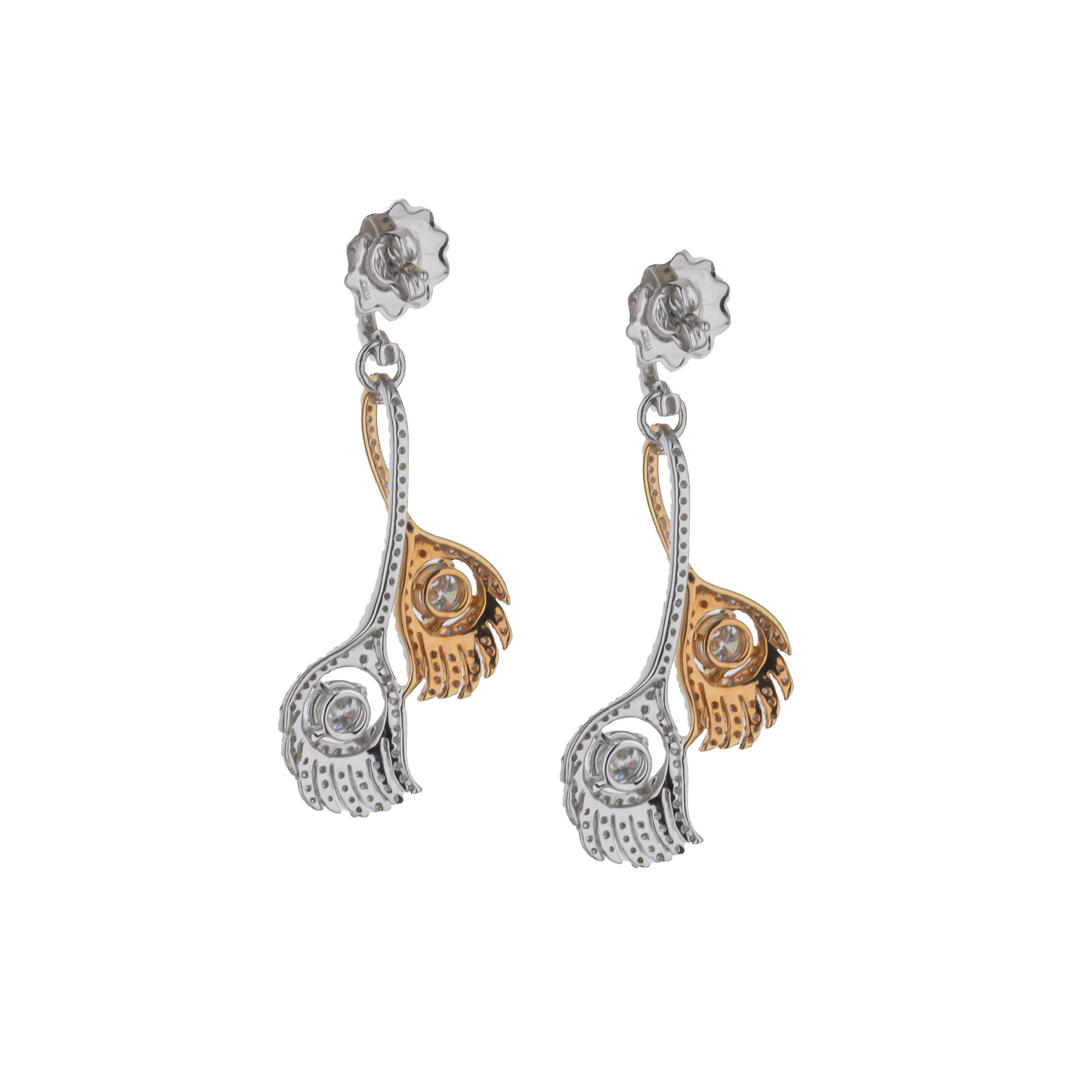 18K White & Rose Gold Windswept Diamond Frond Dangle Earrings