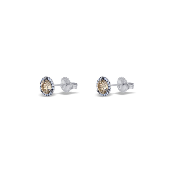 Black Rhodium-Plated 18K White Gold Medium Round Brilliant-Cut Champagne Diamond White Diamond Halo Studs