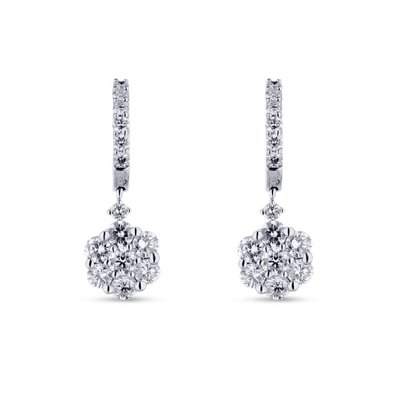 18K White Gold Diamond Flower Cluster Dangle Earrings