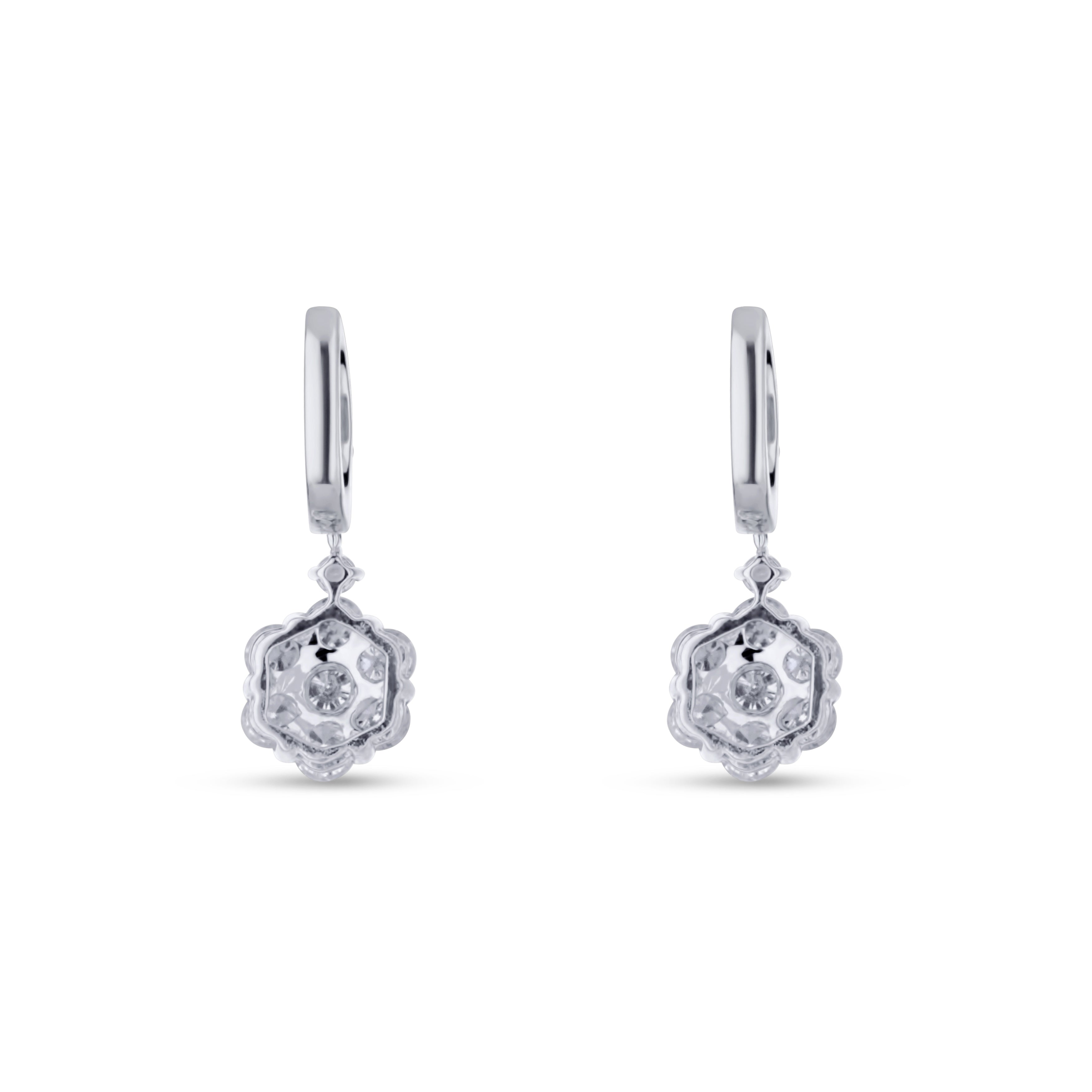 18K White Gold Diamond Flower Cluster Dangle Earrings
