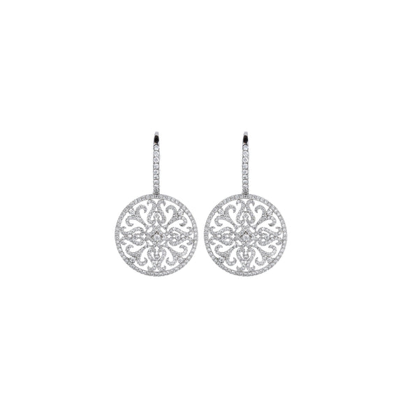 18K White Gold Circular Gothic Diamond Dangle Earrings