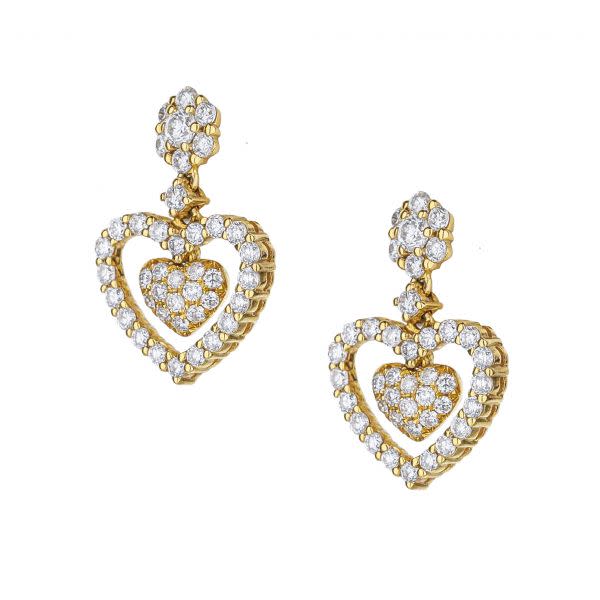 18K Yellow Gold Pave White Diamond Floating Heart Drops