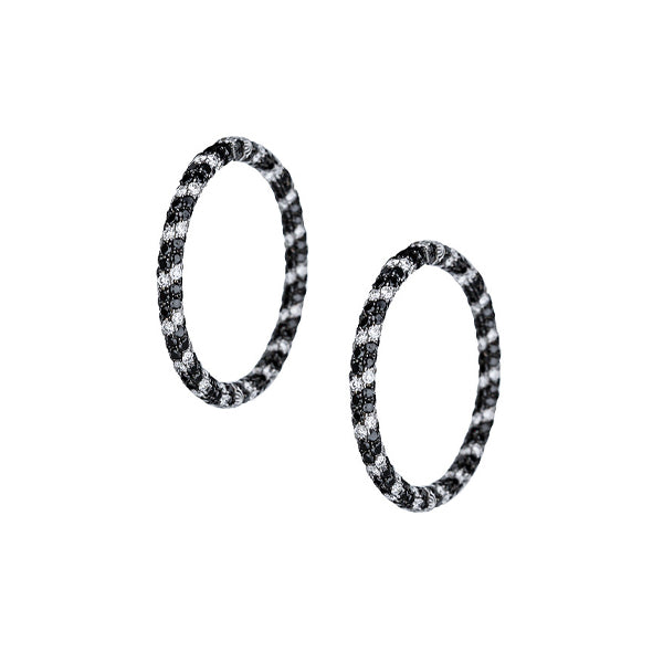 18K White Gold White And Black Pave Diamond Twisted Design Hoop Earrings