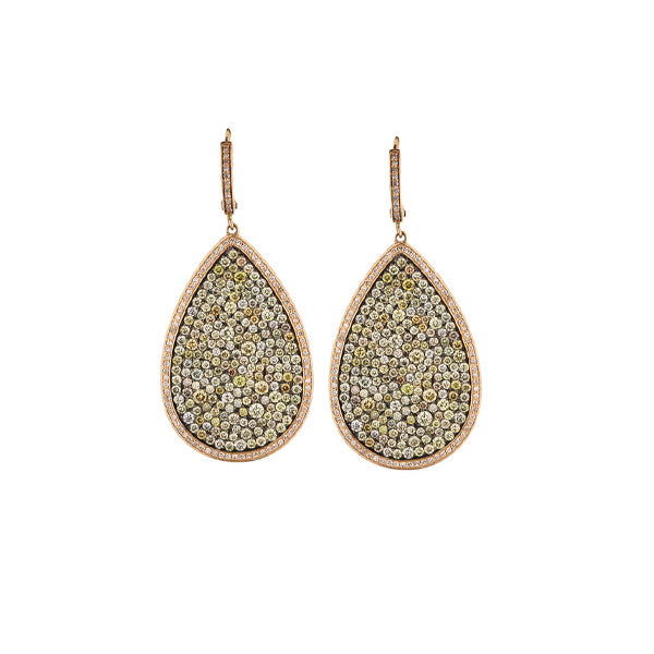 14K Rose Gold Pear Shaped Fancy Colored Diamond Cluster Drop Earrings