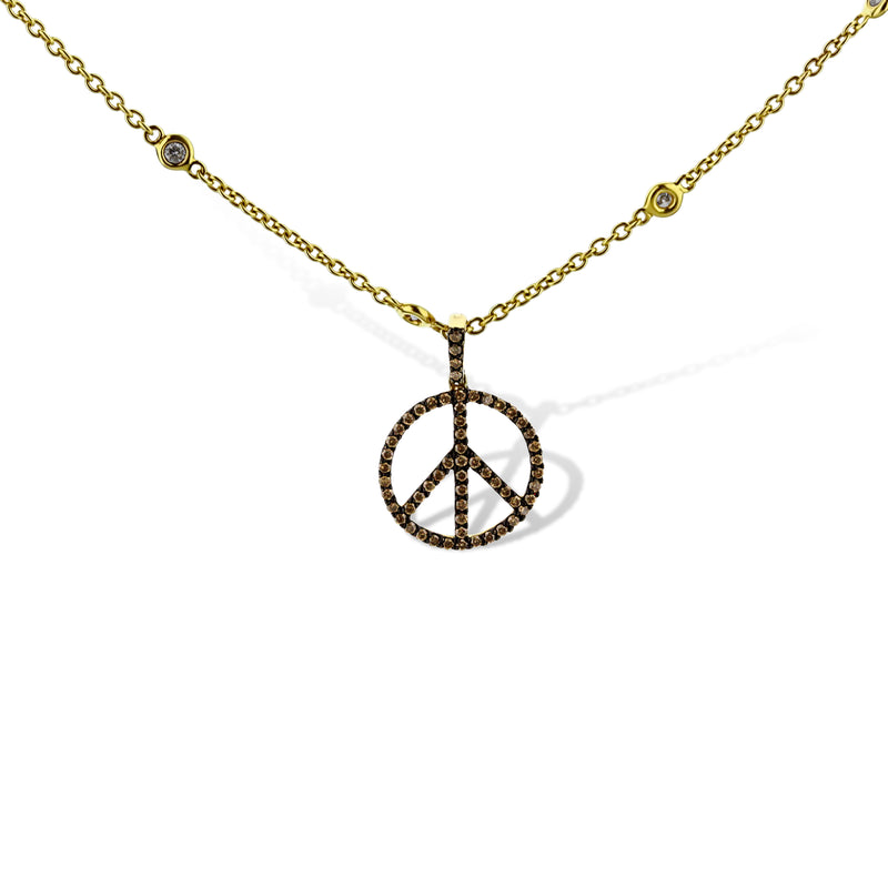 14K Yellow Gold Champagne Diamond Medium Peace Sign Pendant Necklace