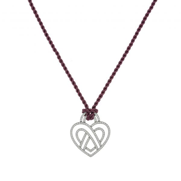 18K White Gold Poiray Diamond Heart On Purple Cord Necklace