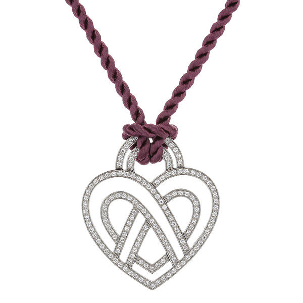 18K White Gold Poiray Diamond Heart On Purple Cord Necklace