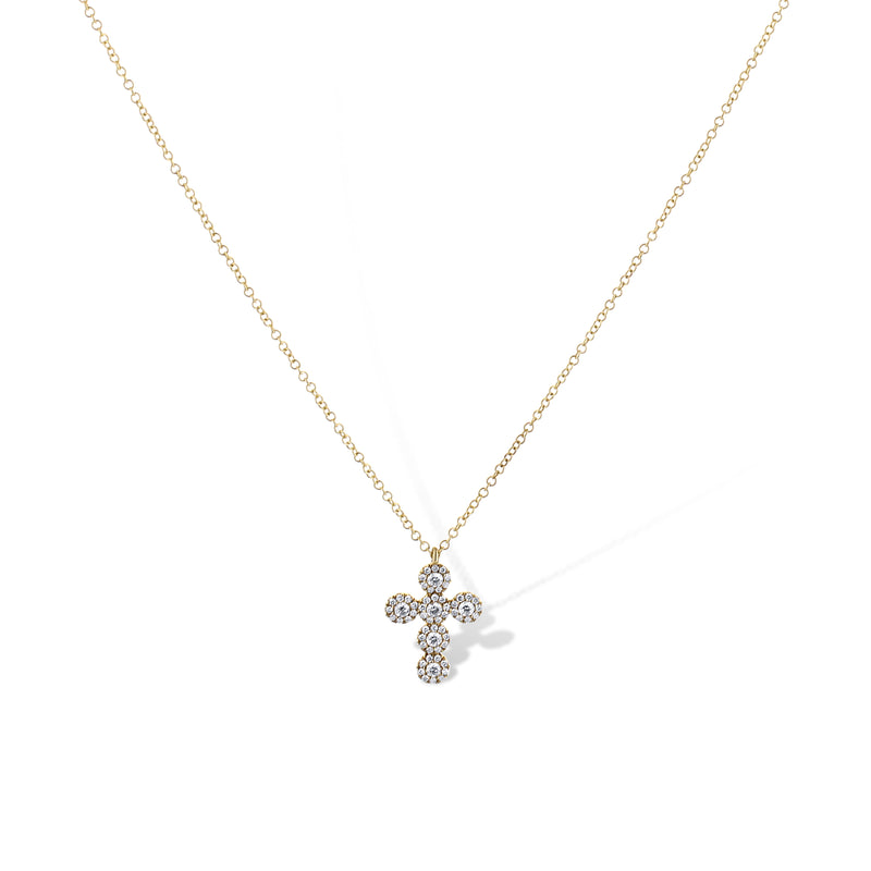 14K Yellow Gold Cross Pendant Necklace With Diamond Halo And Chain