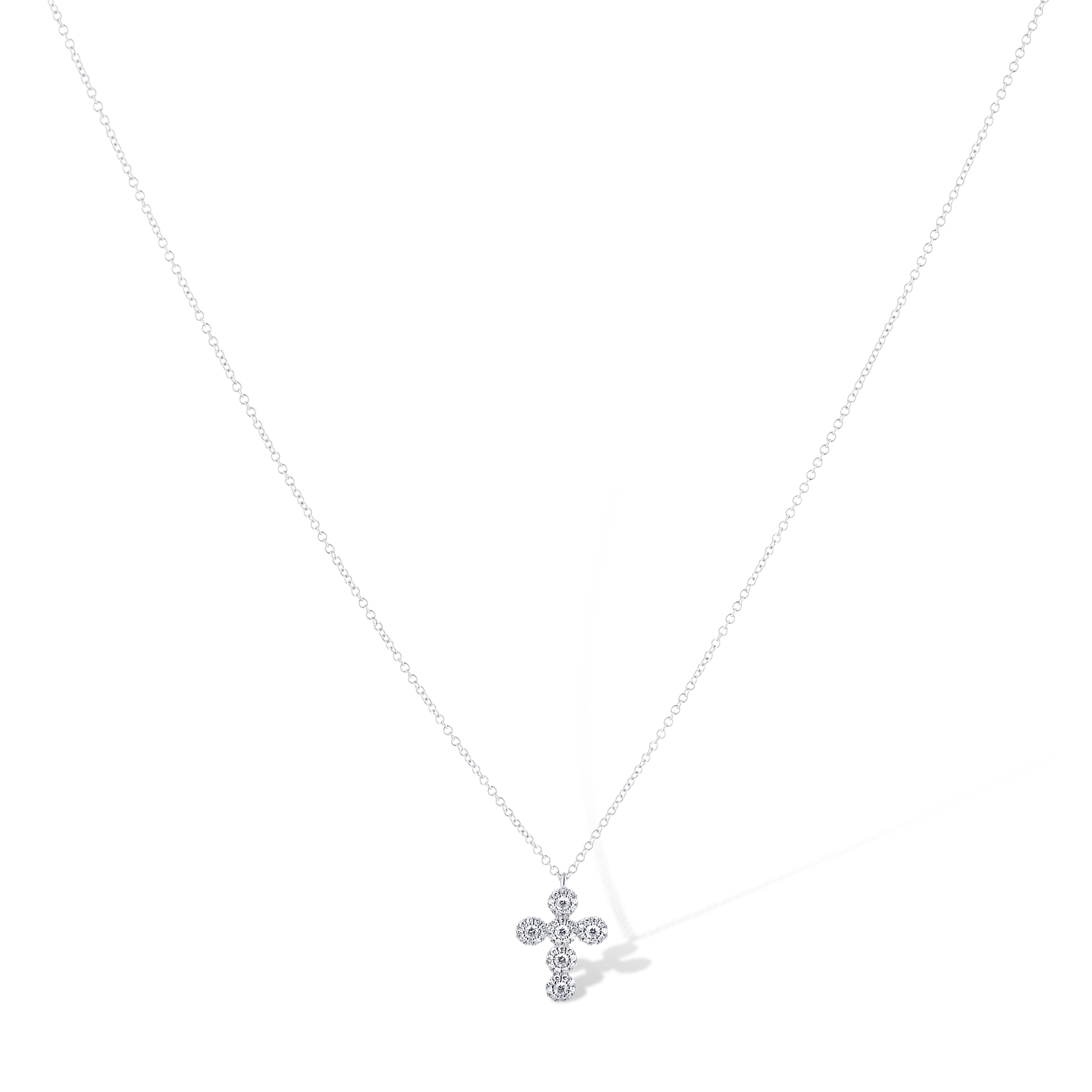 14K White Gold Cross Pendant Necklace With Diamond Halo And Chain