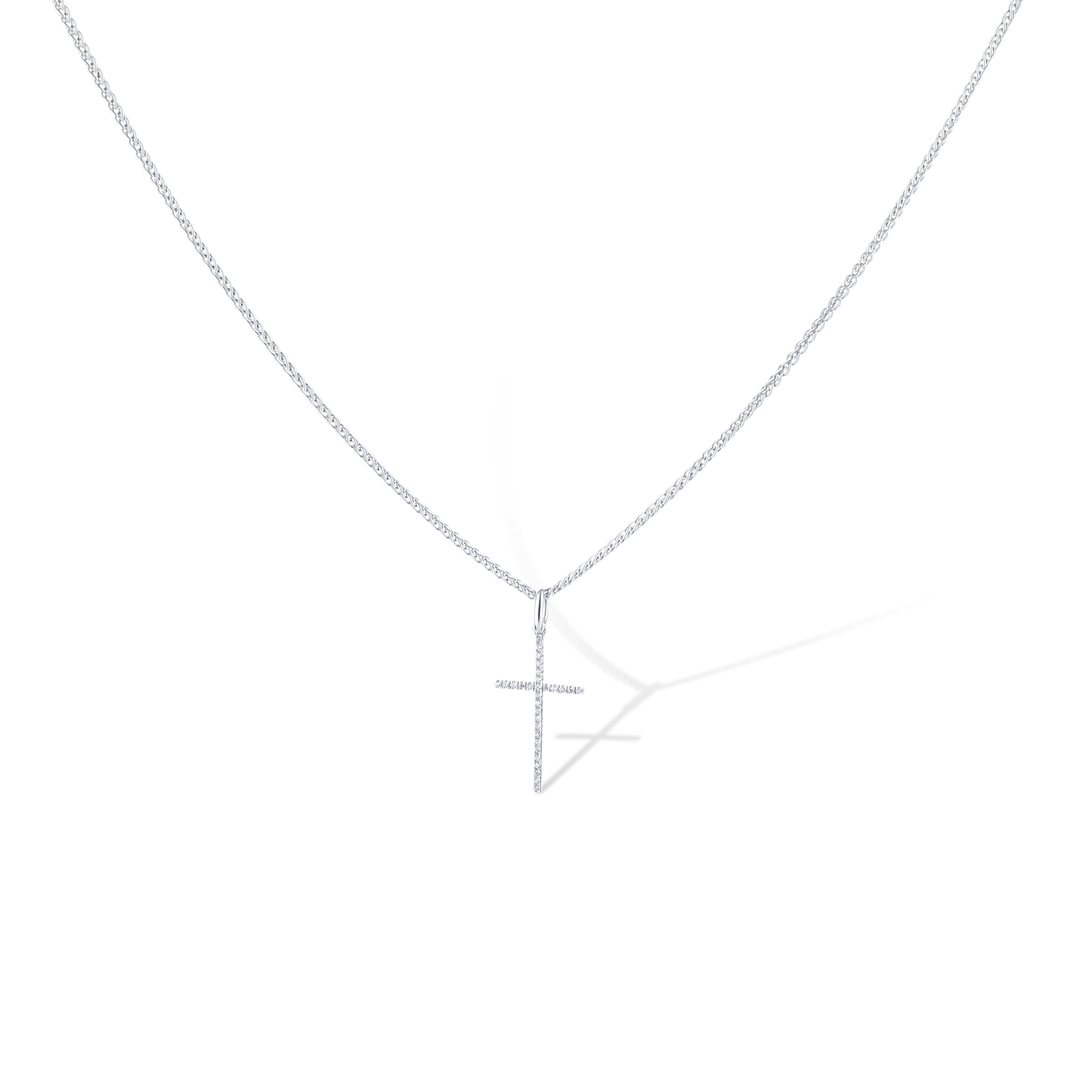 18K White Gold Diamond Cross Pendant Necklace With Wheat 16 Chain
