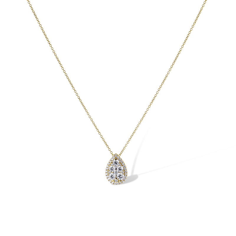 14K Yellow Gold Round Diamond Pear Shape Pendant Necklace With Chain