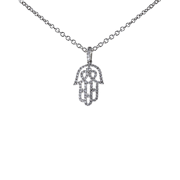 14K White Gold Pave Diamond Hamsa Pendant Necklace