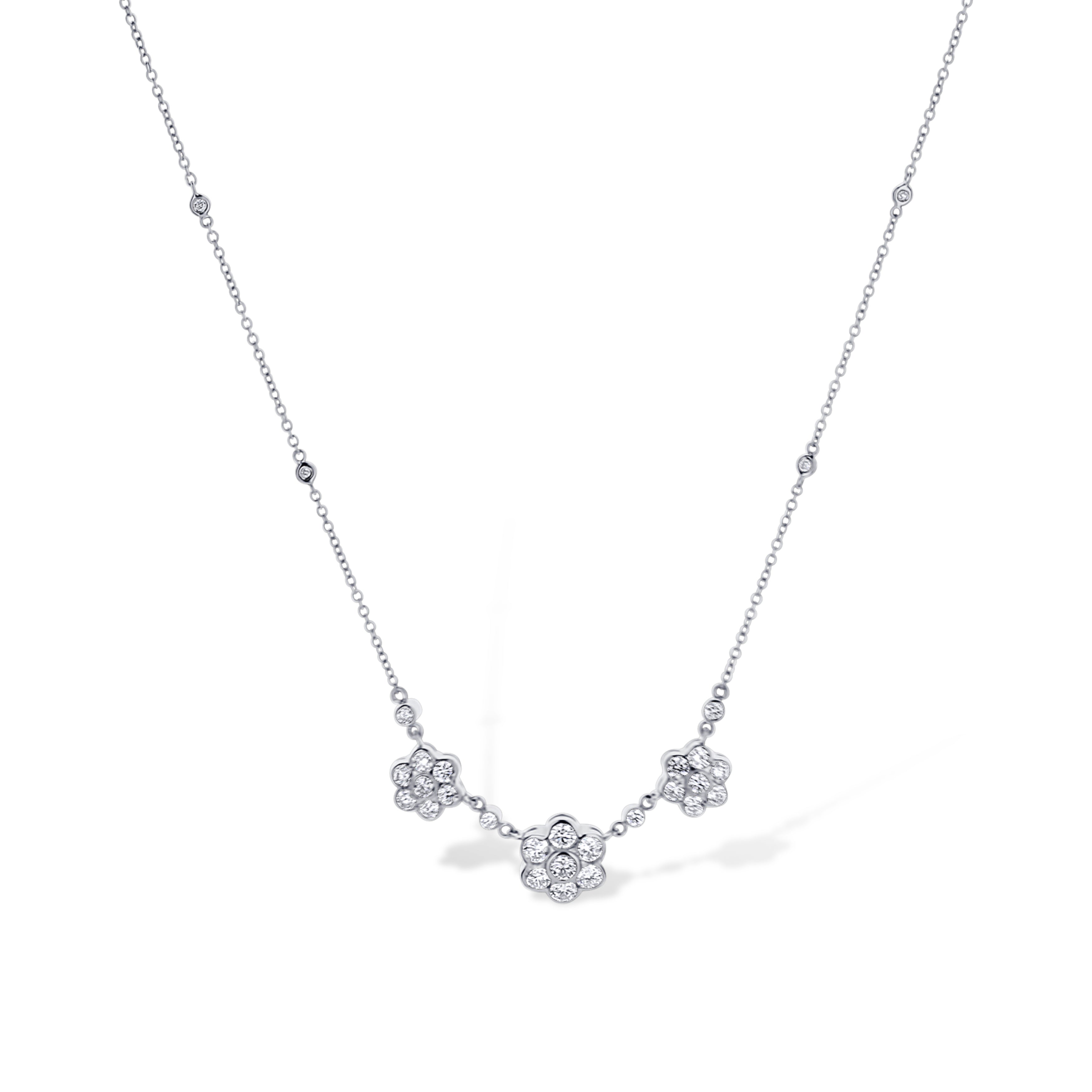 18K White Gold Trio Of Flowers Diamond Necklace