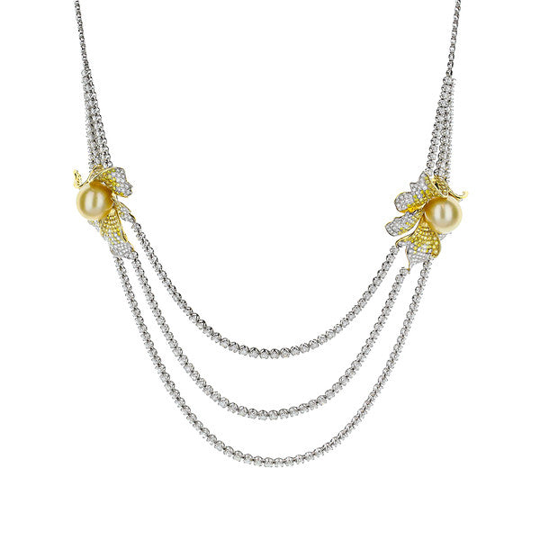 18K Yellow & White Gold Diamond & Yellow Floral Pearl Triple-Strand Necklace