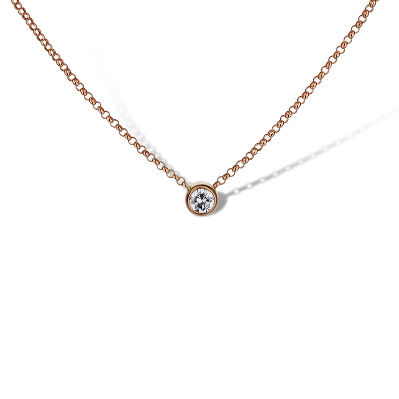 14K Rose Gold Bezel-Set Round Diamond Stationary Pendant Cable Necklace