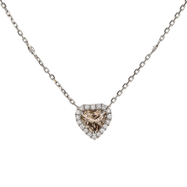 18K White Gold Heart-Shaped Champagne Diamond Pendant With Diamond Halo