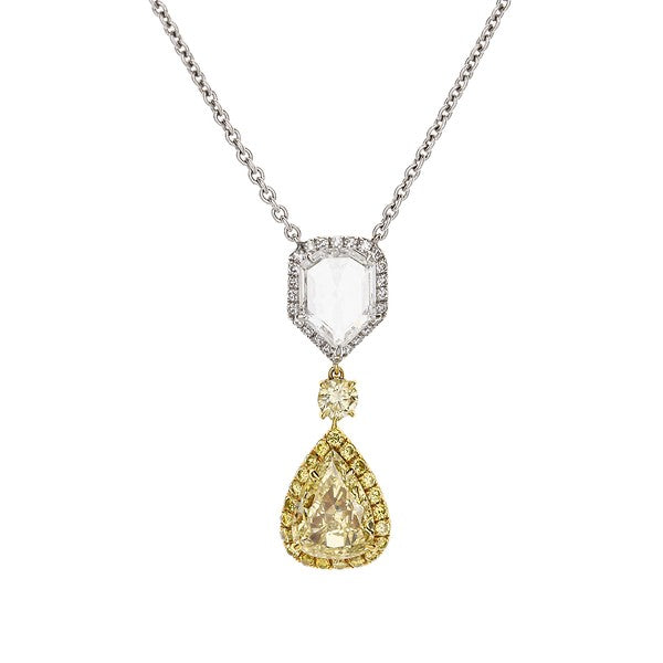 Platinum Pear Shaped Yellow Diamond And Rose Cut Diamond Halo Necklace