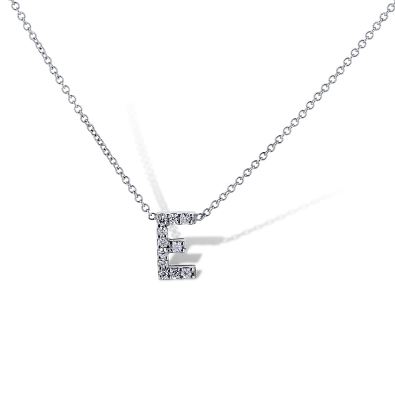 14K White Gold Letter 'E' Diamond Pendant Necklace
