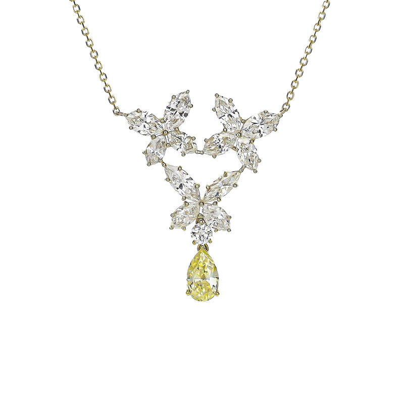 18K Custom Made Yellow Gold Pear And Marquis Diamond Butterfly Necklace