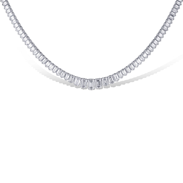 18K White Gold 24.87Ctw Emerald Cut Riviera Diamond Necklace