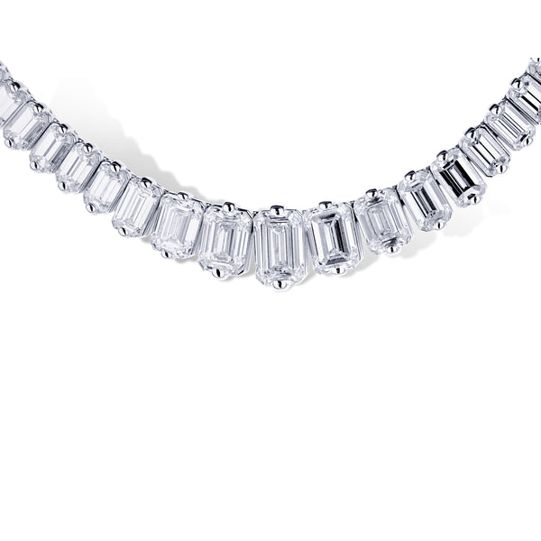 18K White Gold 24.87Ctw Emerald Cut Riviera Diamond Necklace