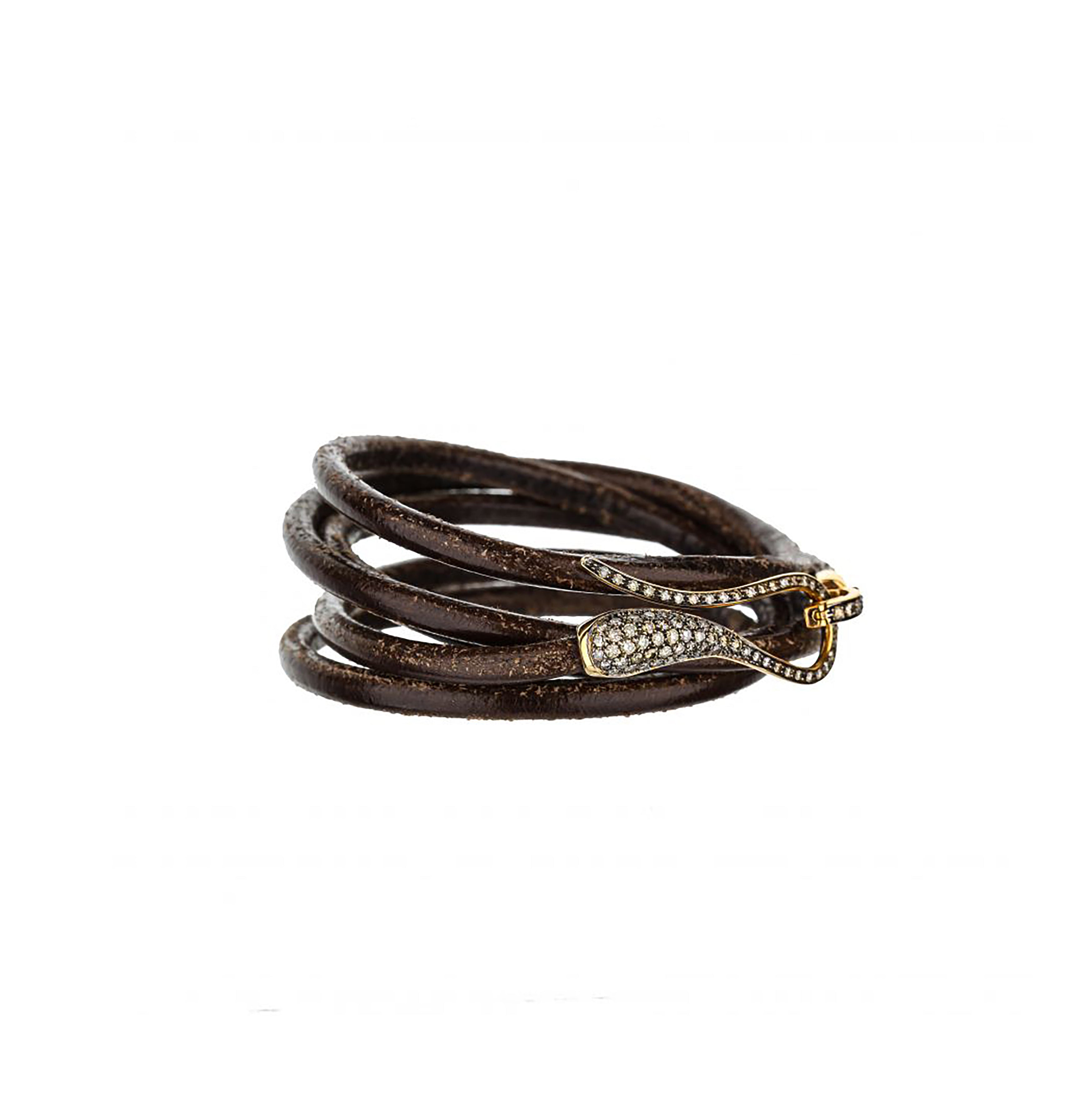 18K Rose Gold Brown Leather Chocolate Diamond Hook Wrap Bracelet