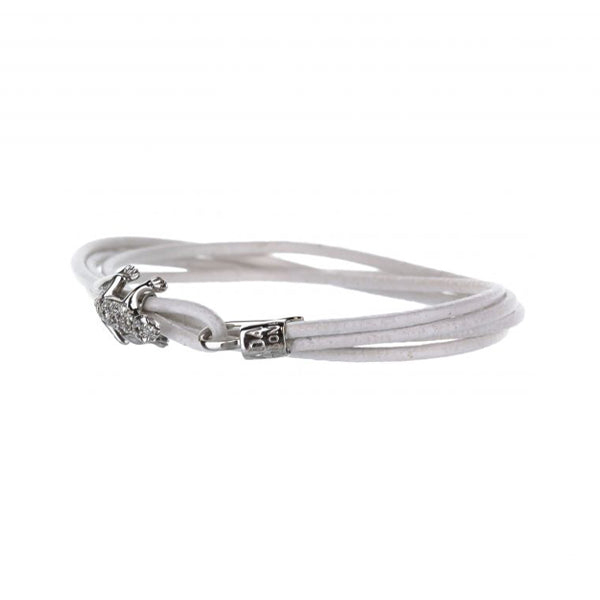 18K White Gold Diamond Frog Leather Bracelet