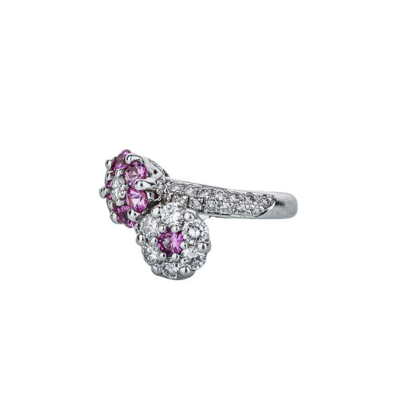 18K White Gold Double Daisy Ring In Pink Sapphires & Diamonds