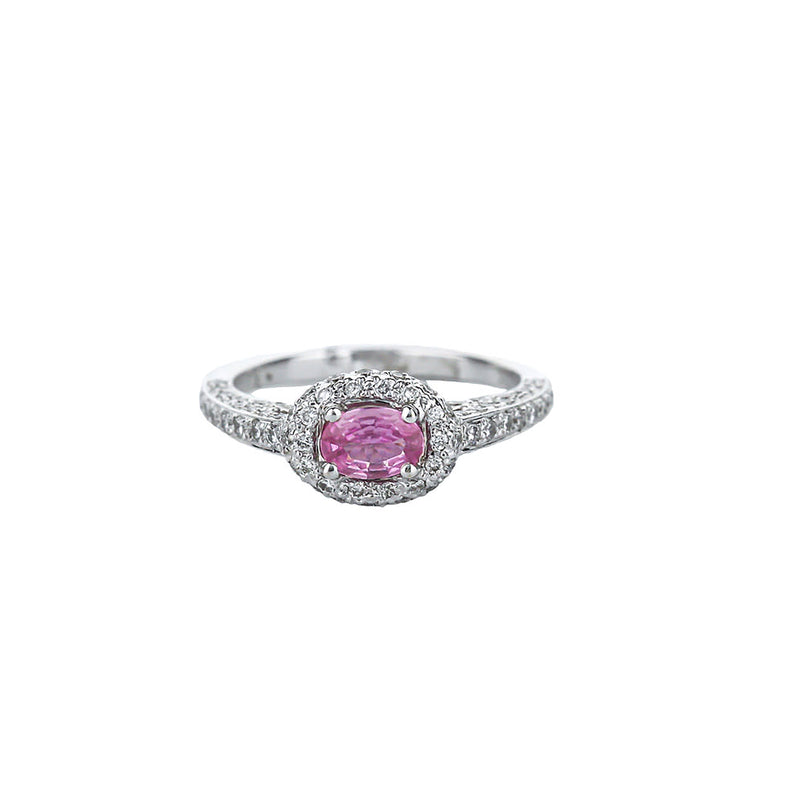 18K White Gold Oval Pink Sapphire Diamond Halo Ring