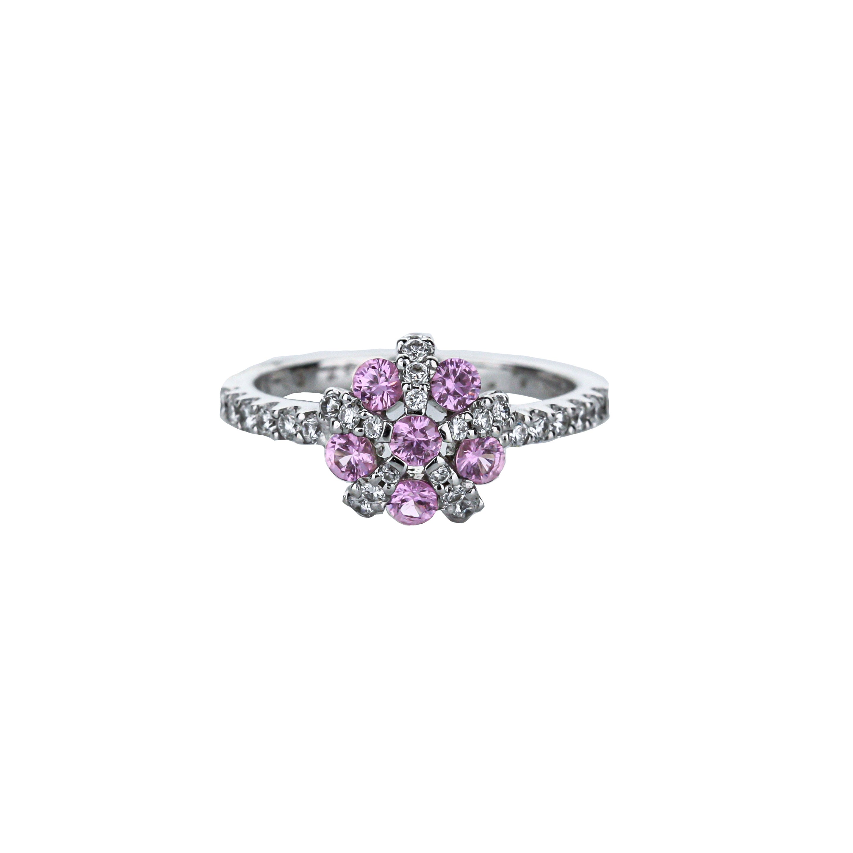 18K White Gold Pink Sapphire & Diamond Five-Petal Flower Ring