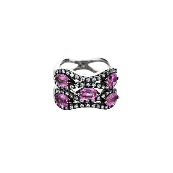 18K White Gold Black Rhodium-Plated Pink Sapphire And Diamond Wave Ring