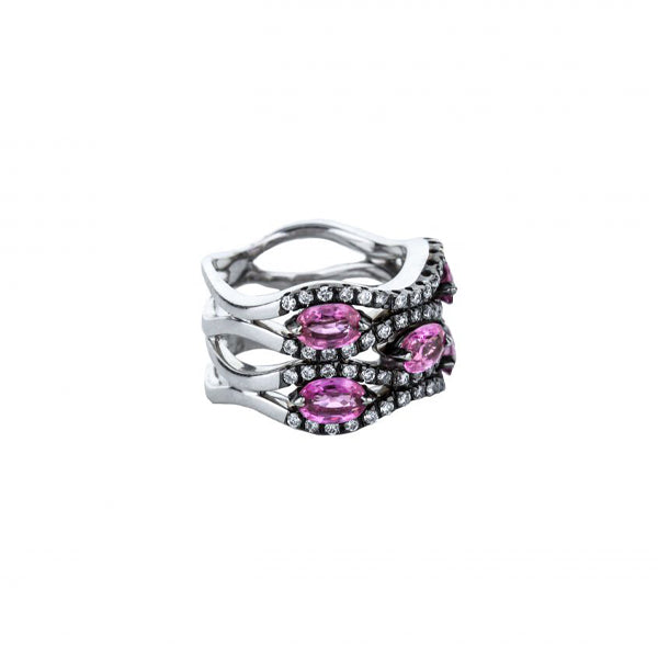 18K White Gold Black Rhodium-Plated Pink Sapphire And Diamond Wave Ring