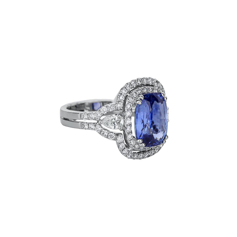 18K White Gold Cushion-Cut Blue Sapphire Double Halo Ring