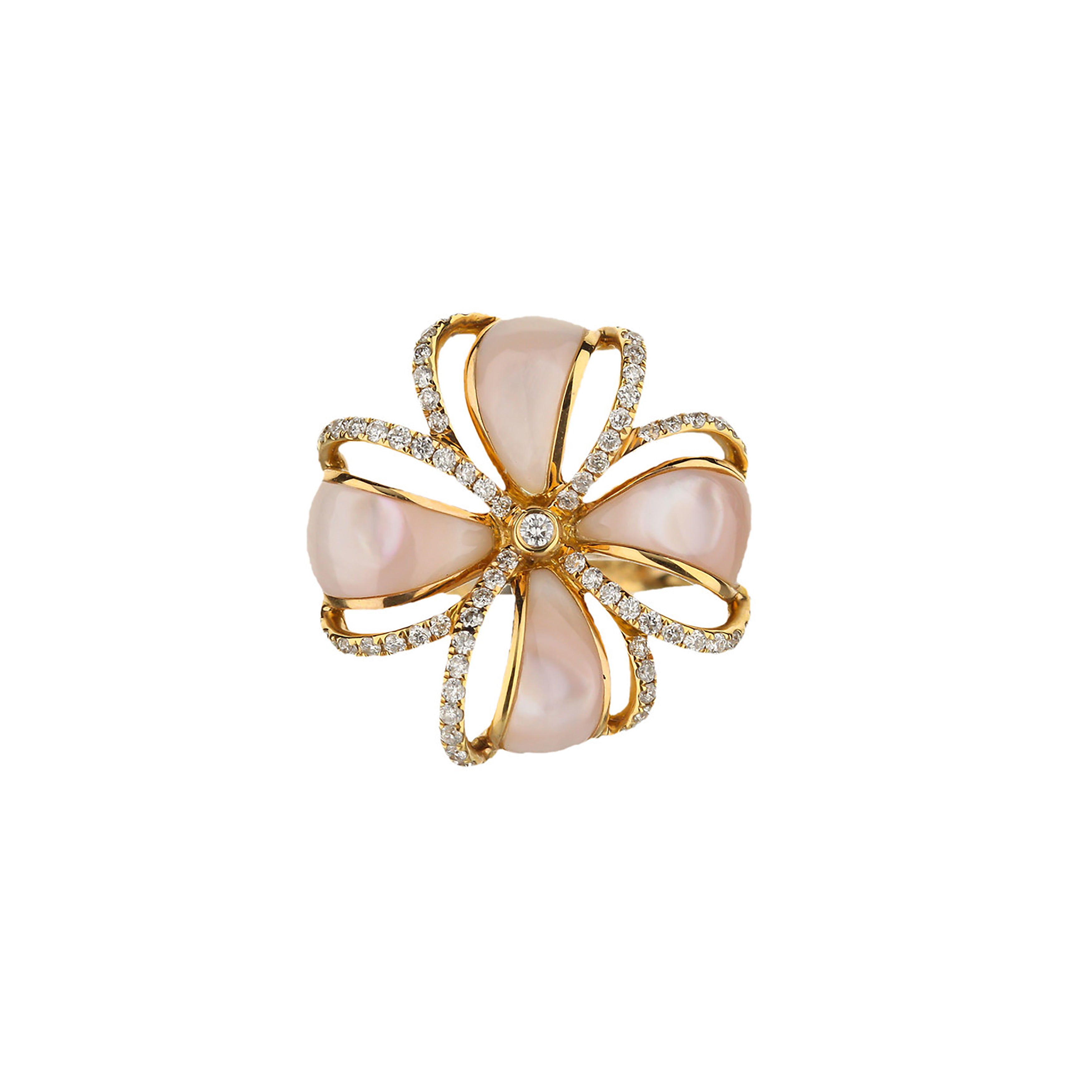 18K Rose Gold Pink Mother Of Pearl And Round Diamond Flower Ring