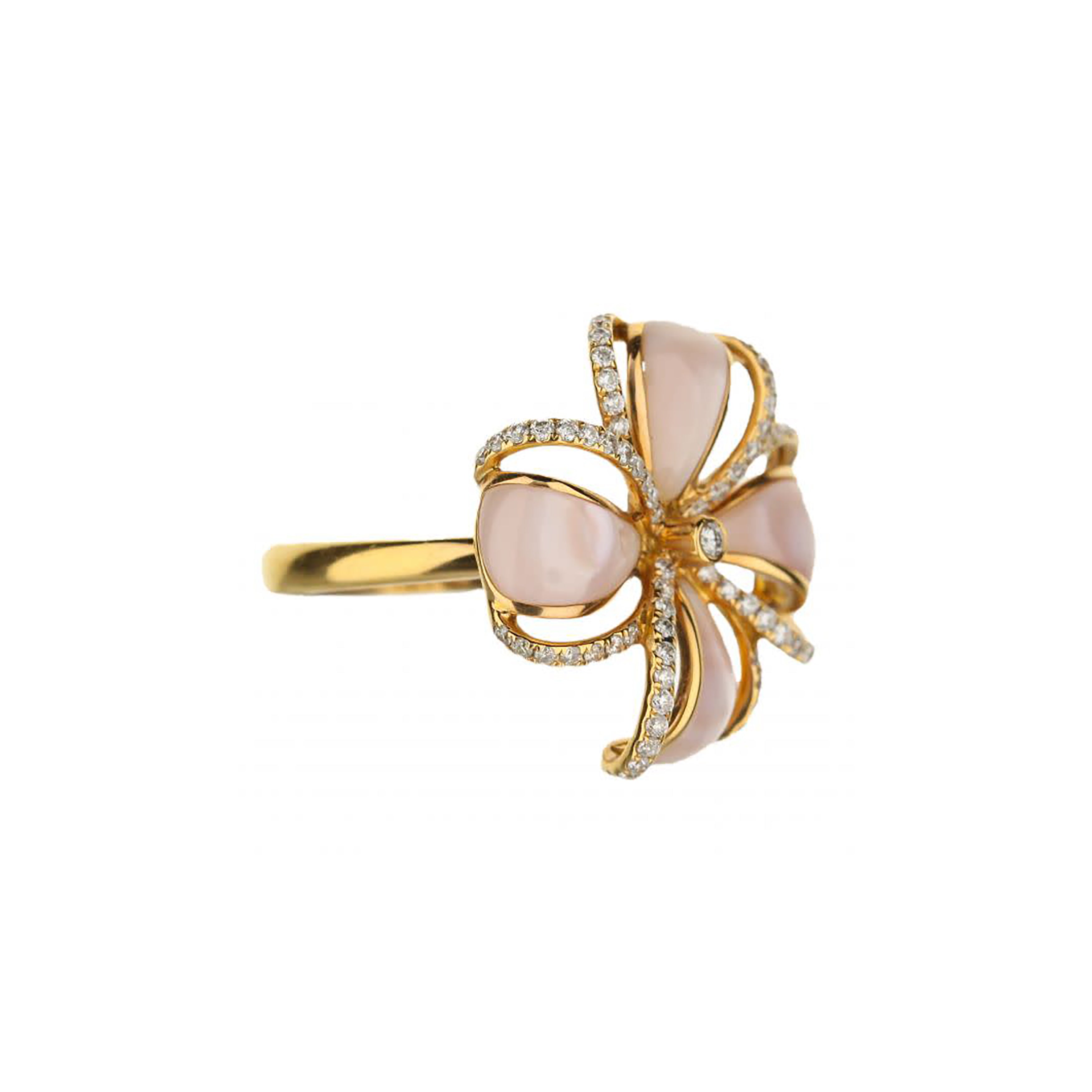 18K Rose Gold Pink Mother Of Pearl And Round Diamond Flower Ring