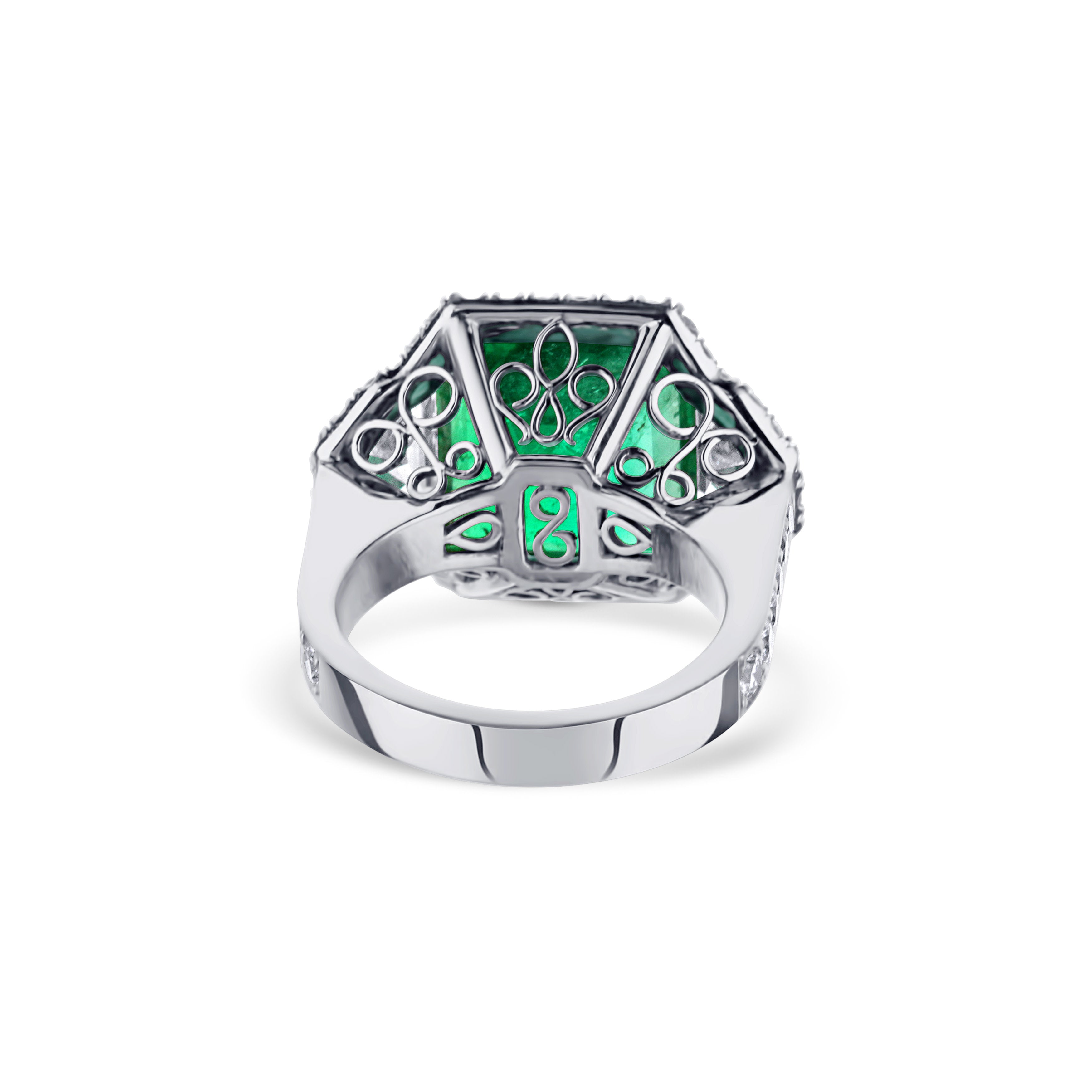 Platinum Emerald-Cut Emerald Engagement Ring With Hexagon-Cut Diamond Accents And Diamond Halo