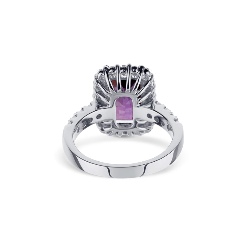 18K White Gold Purple Sapphire Cushion Diamond Halo & Shank