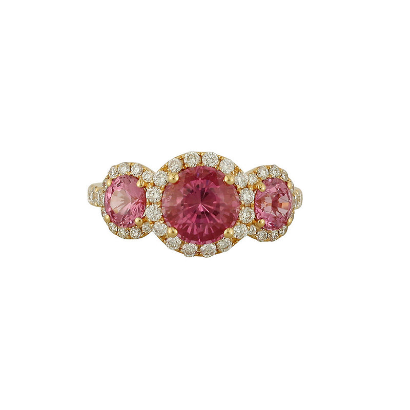 18K Rose Gold Pink Sapphire And Diamond Three-Stone Halo Ring