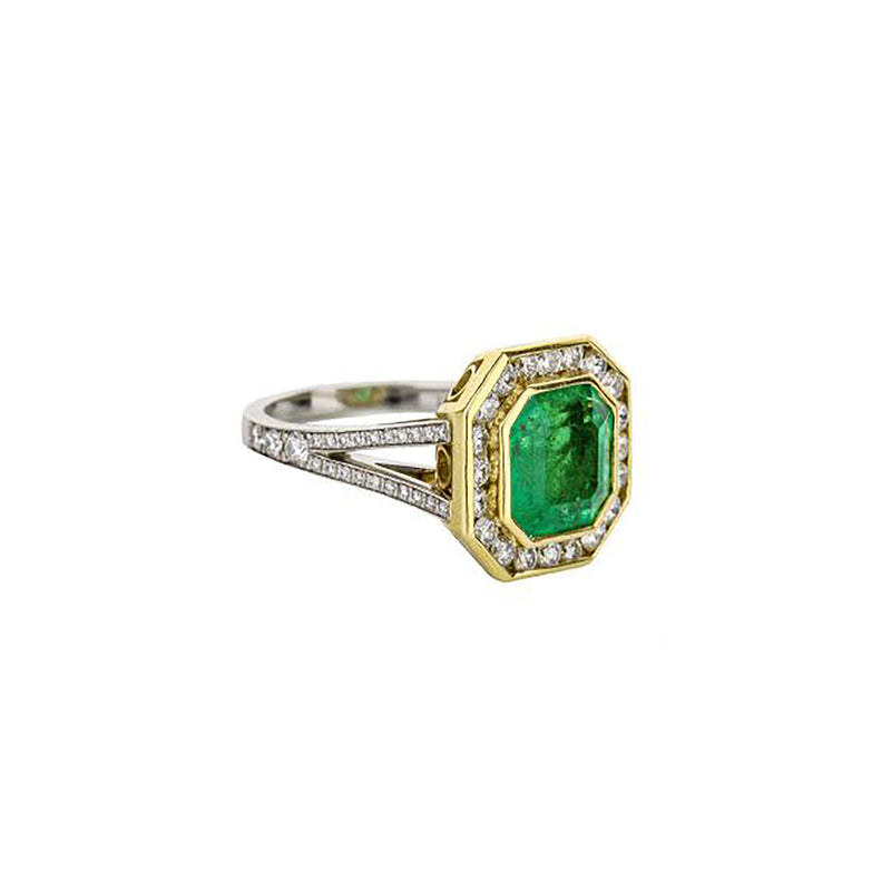 Platinum & 18K Yellow Gold Emerald Diamond Halo Ring