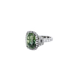 18K White Gold Green Sapphire Ring With Diamond Halo