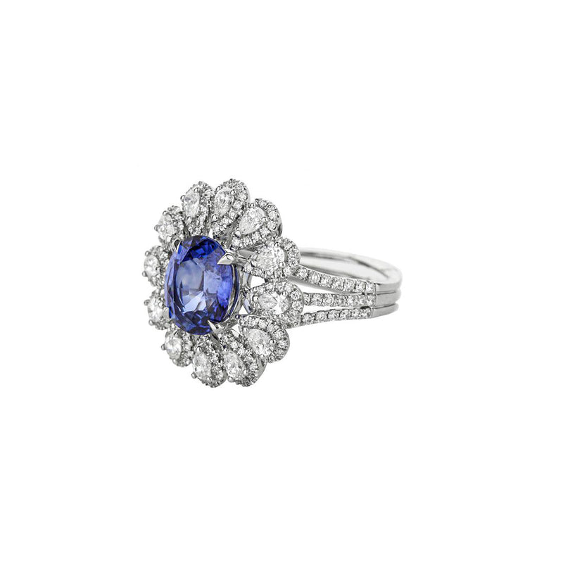 18K White Gold Oval Blue Sapphire & Diamond Flower Cocktail Ring