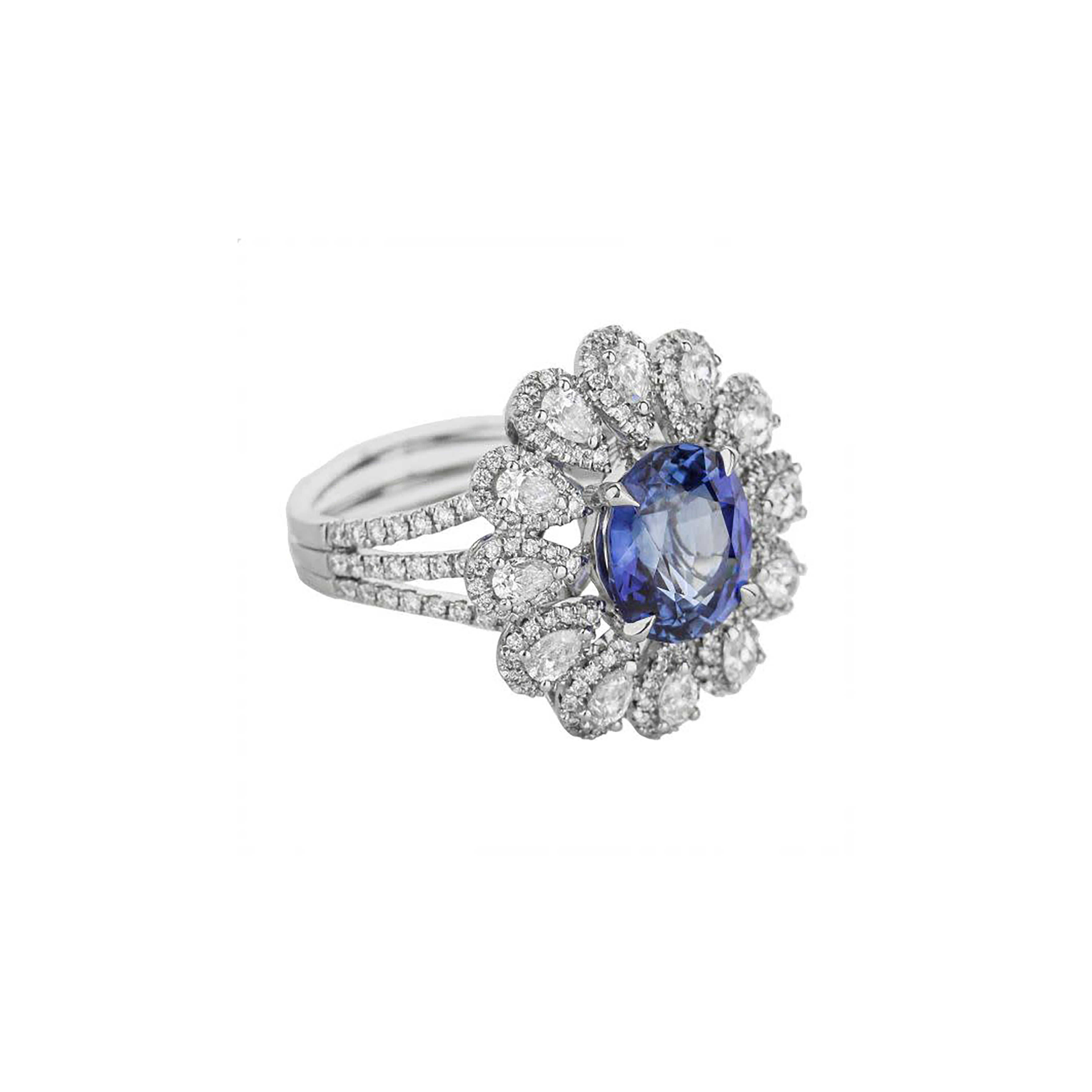 18K White Gold Oval Blue Sapphire & Diamond Flower Cocktail Ring