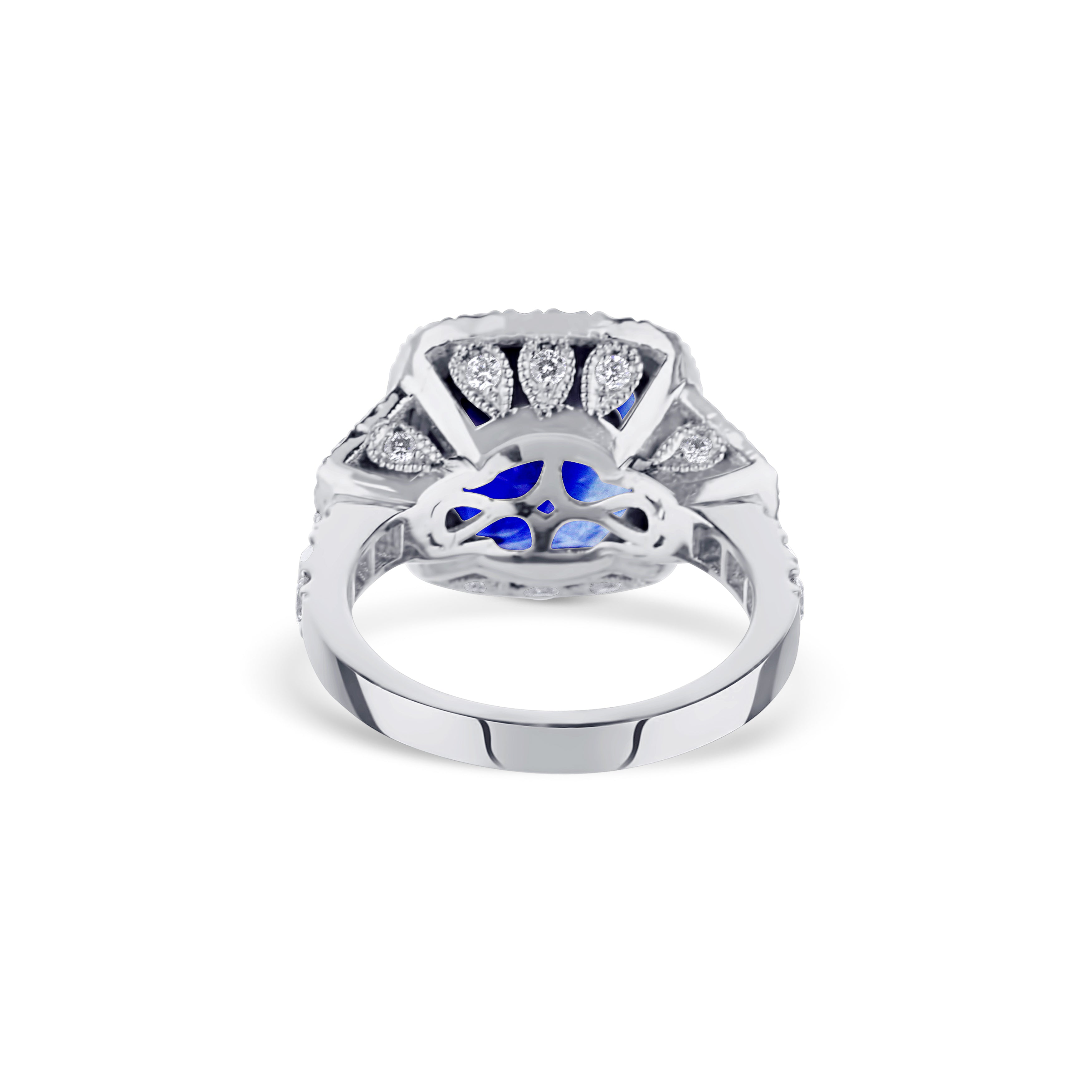 18K White Gold Cushion-Cut Blue Sapphire & Trapezoidal Diamond Engagement Ring