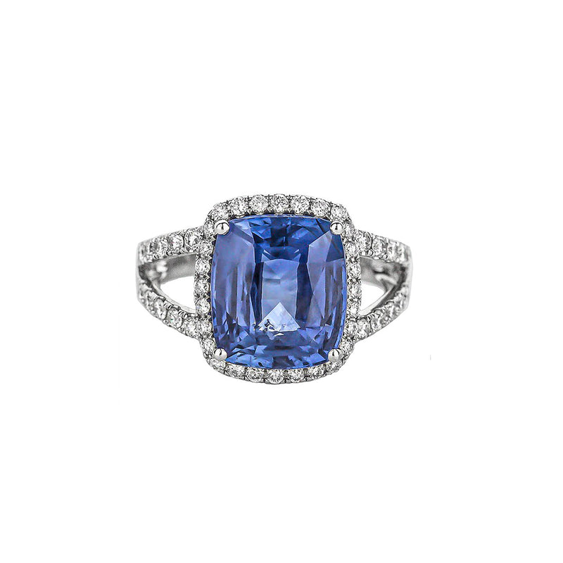 18K White Gold Long Cushion-Cut Blue Sapphire With Round Diamond Halo & Partial-Split Shank Ring