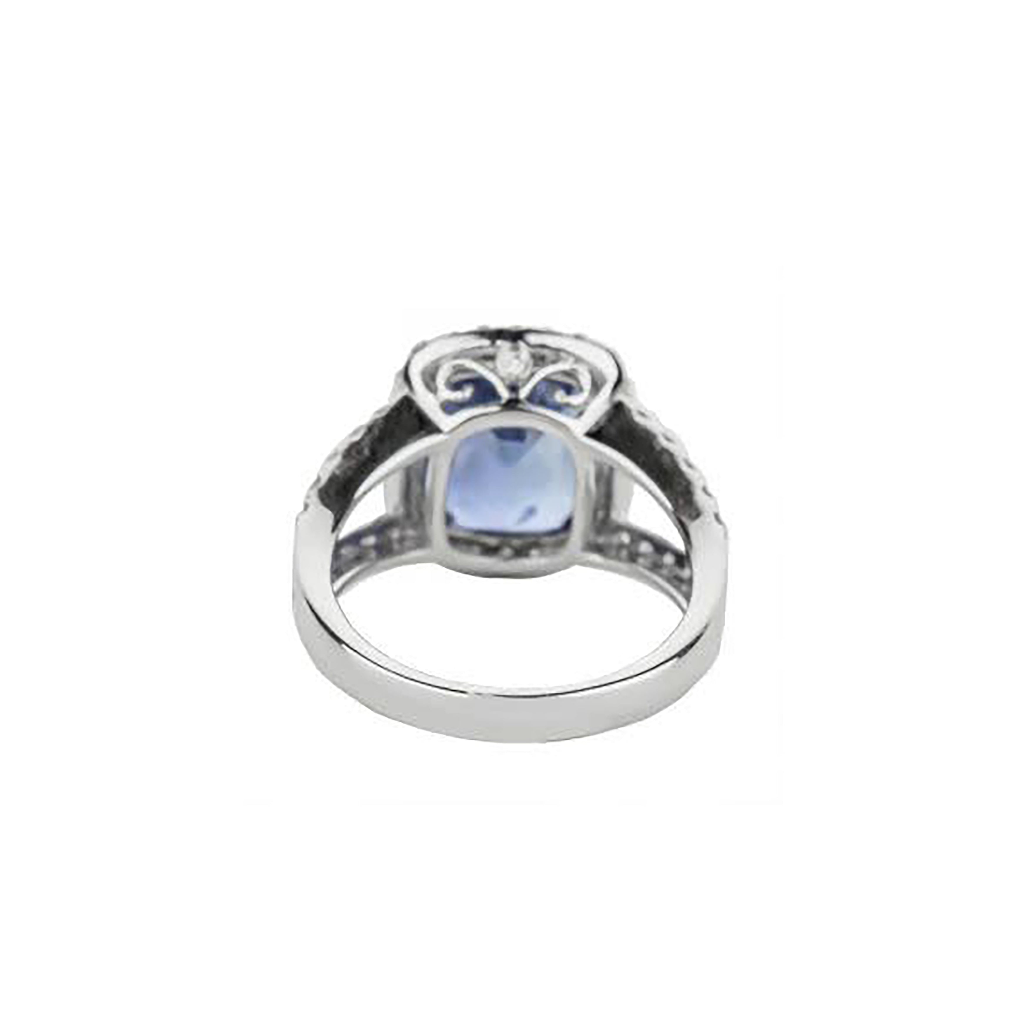 18K White Gold Long Cushion-Cut Blue Sapphire With Round Diamond Halo & Partial-Split Shank Ring