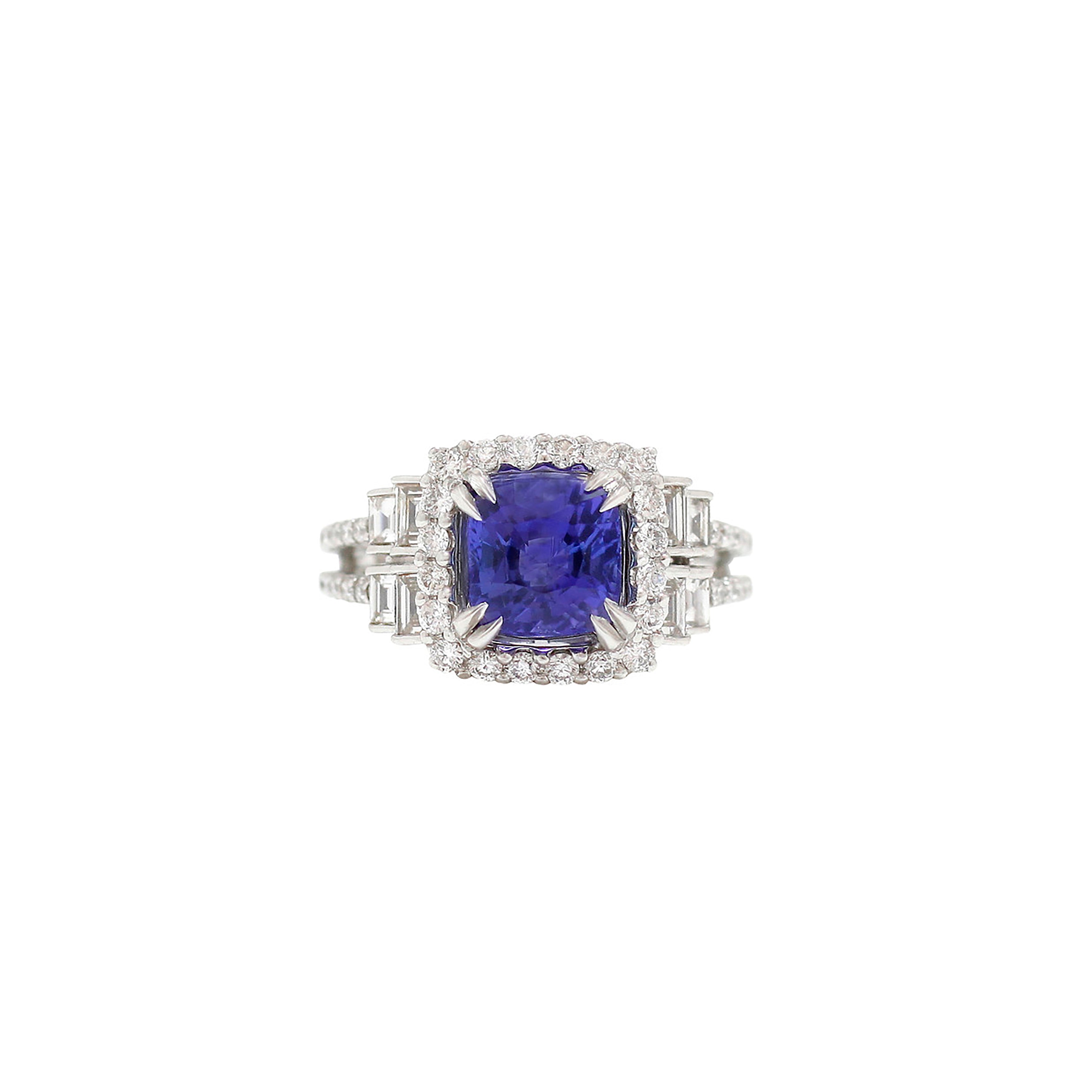 18K White Gold Cushion Tanzanite With Diamond Halo And Baguette Accent Ring